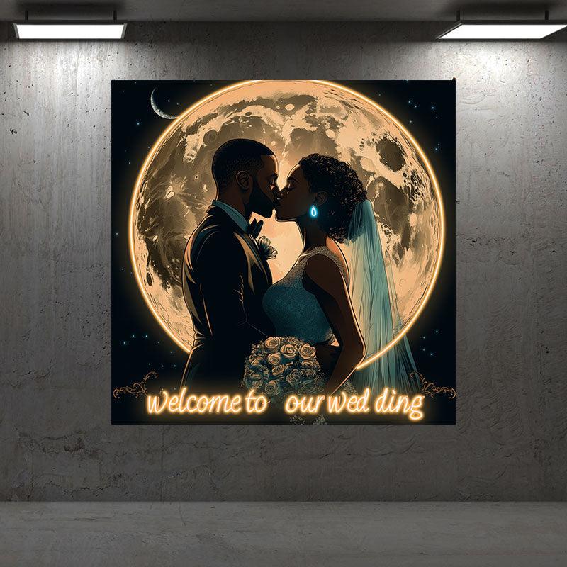 Romantic Wedding Neon signs| Bride and Groom Kissing Scene | Giant Moon Background Decoration | LED Lighting Blessing