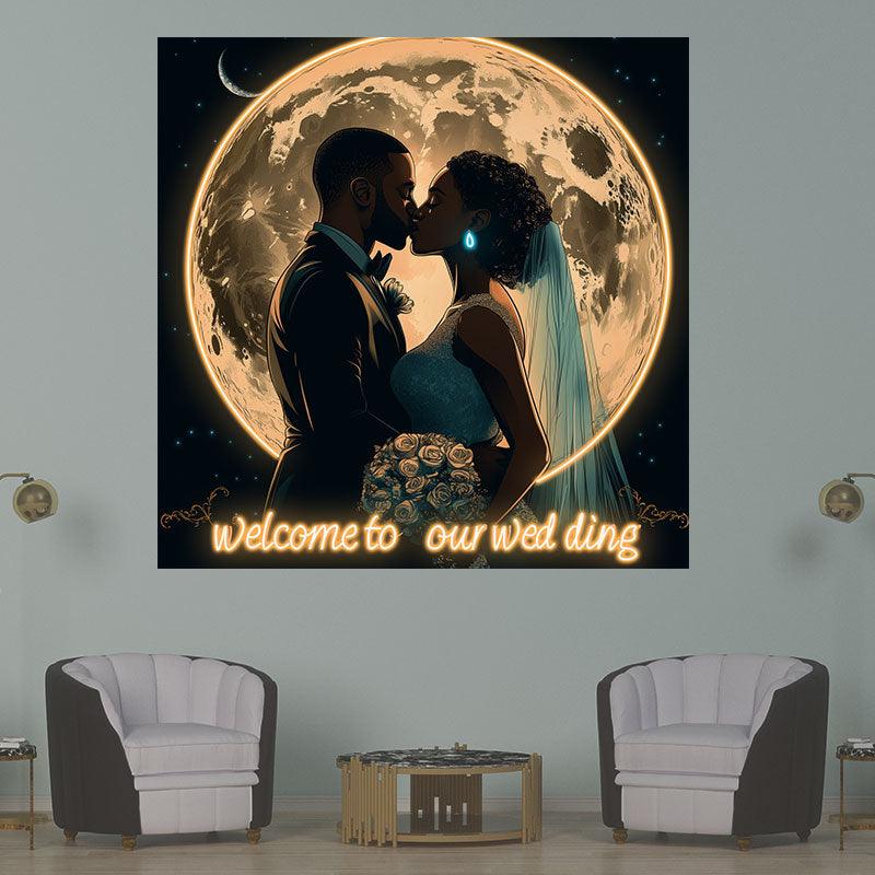 Romantic Wedding Neon signs| Bride and Groom Kissing Scene | Giant Moon Background Decoration | LED Lighting Blessing
