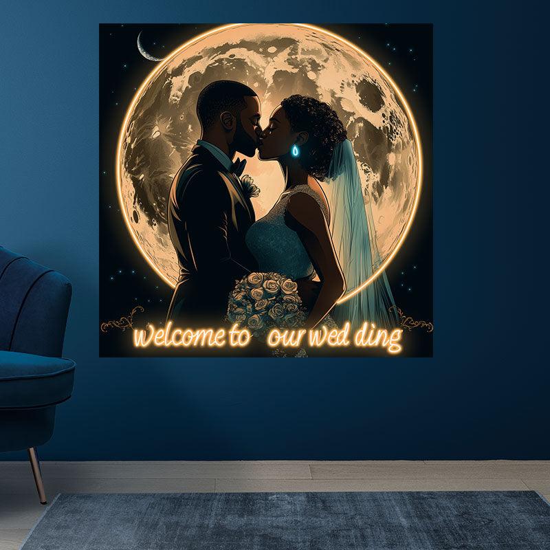 Romantic Wedding Neon signs| Bride and Groom Kissing Scene | Giant Moon Background Decoration | LED Lighting Blessing