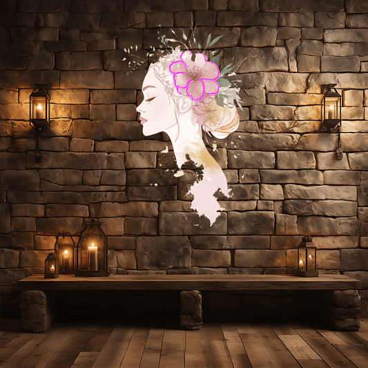 Fashion European and American Beauty Sketch Neon signs Lights - Side Face Head Portrait with Big Bouquet of Flowers on Head Decorative LED Lights, Personalized Home and Creative Space Lighting