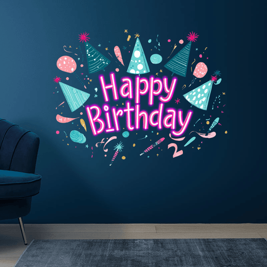 Happy Birthday LED Neon Sign - Festive Party Decor with Party Hats & Candles - Perfect for Birthday Celebrations