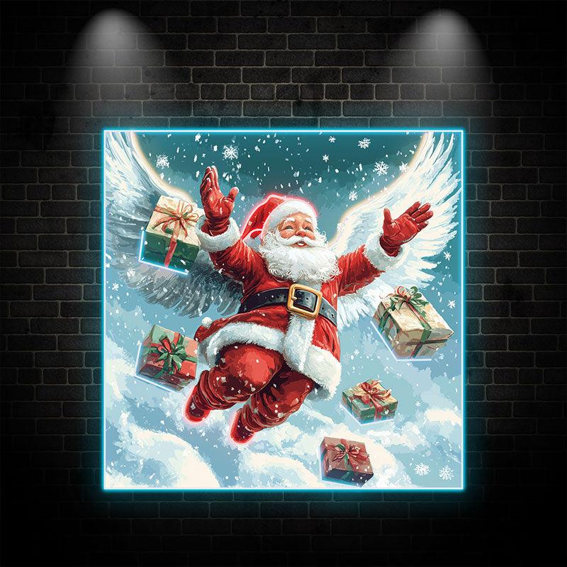 Flying Santa Claus Neon signs | Snow White Wings With Christmas Gift Box Decoration | LED Holiday Lights