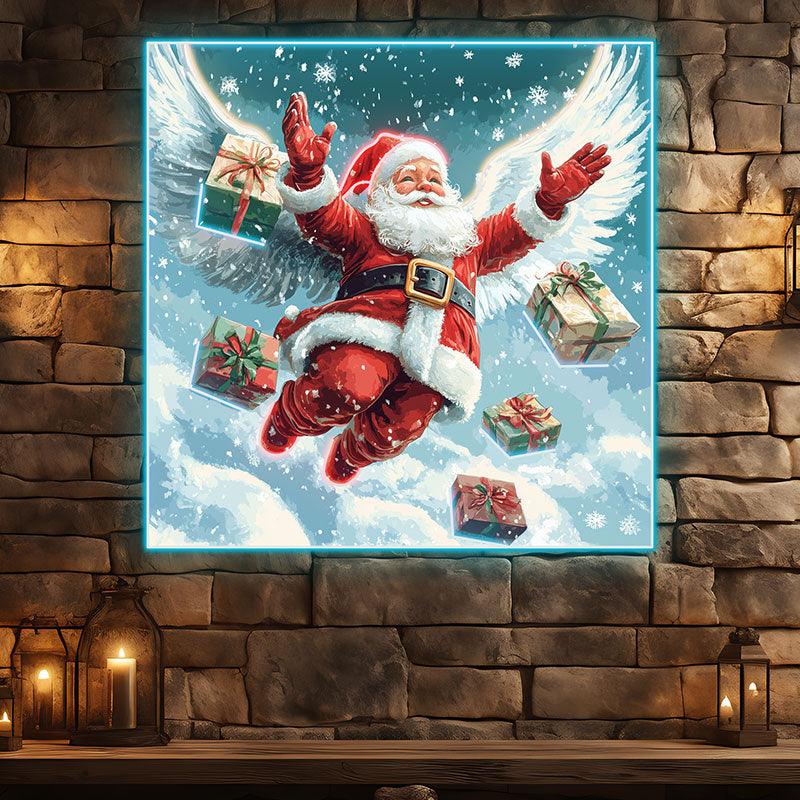 Flying Santa Claus Neon signs | Snow White Wings With Christmas Gift Box Decoration | LED Holiday Lights