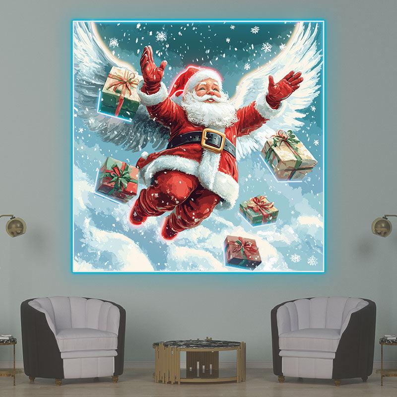 Flying Santa Claus Neon signs | Snow White Wings With Christmas Gift Box Decoration | LED Holiday Lights