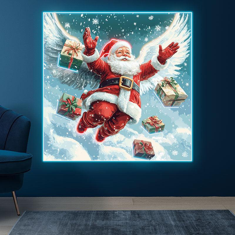 Flying Santa Claus Neon signs | Snow White Wings With Christmas Gift Box Decoration | LED Holiday Lights