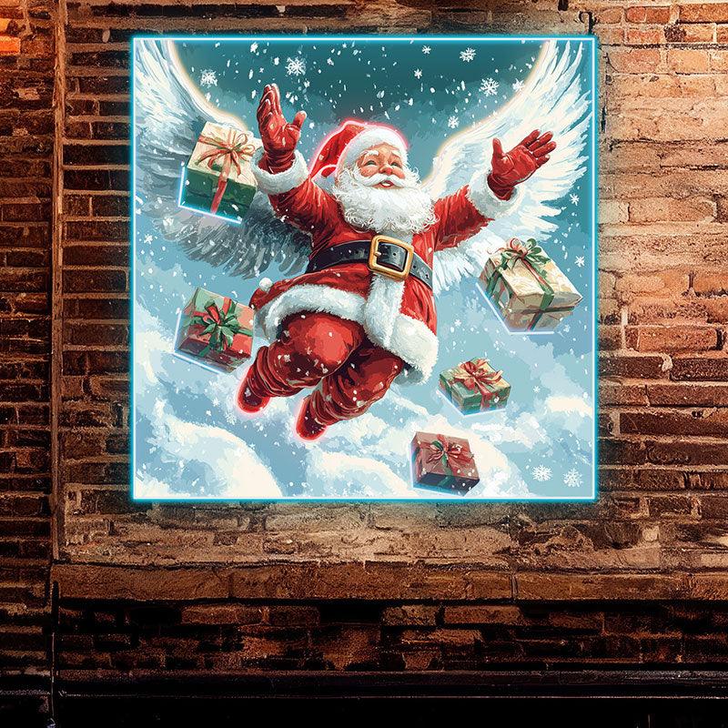 Flying Santa Claus Neon signs | Snow White Wings With Christmas Gift Box Decoration | LED Holiday Lights