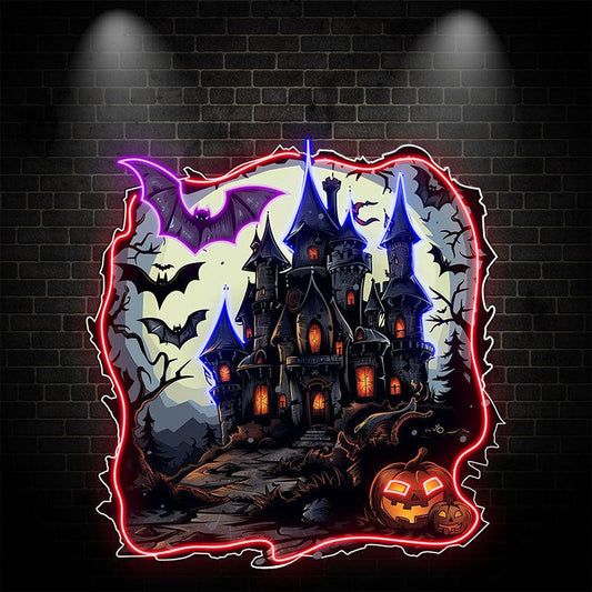 Haunted Castle with Bats and Jack-o’-Lanterns | Spooky Halloween Decor for an Enchanting Night neon signs