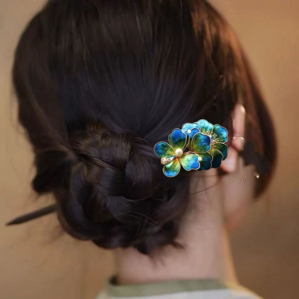 Intangible Cultural Heritage Velvet Flower Hairpin Handmade Peacock Headpiece Imitation Pointed Hairpin Flower
