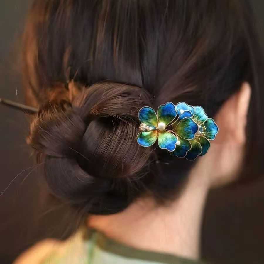 Intangible Cultural Heritage Velvet Flower Hairpin Handmade Peacock Headpiece Imitation Pointed Hairpin Flower