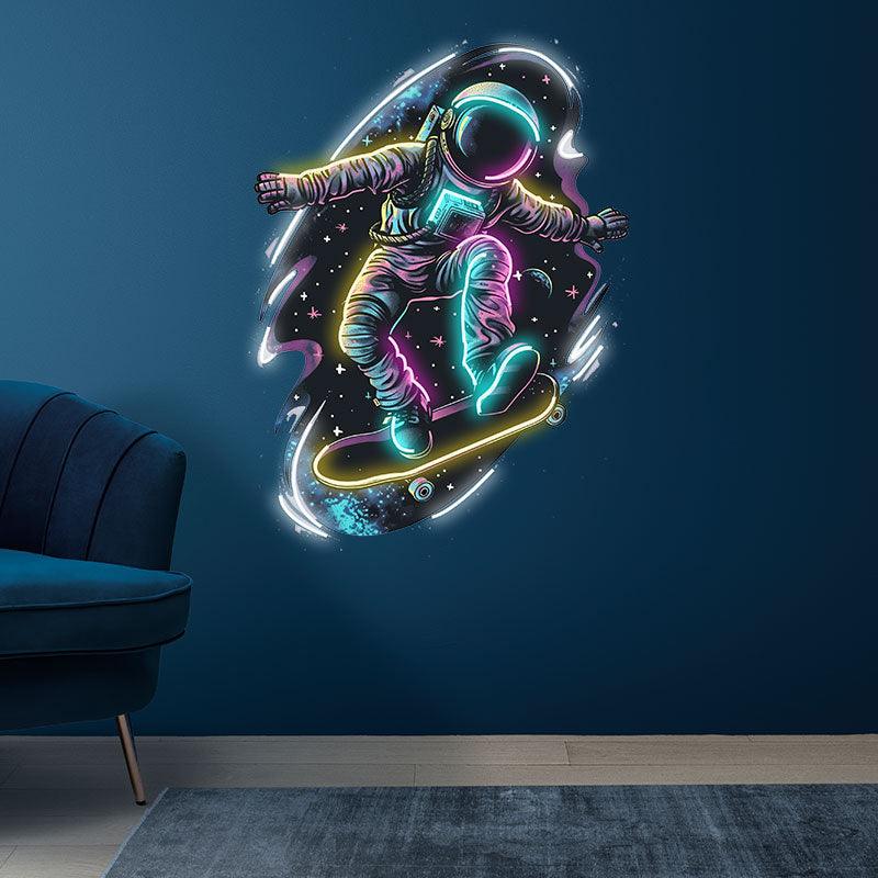 Interstellar Skateboarding neon signs: The Extreme Adventure of an Astronaut Traveling Through the Stars