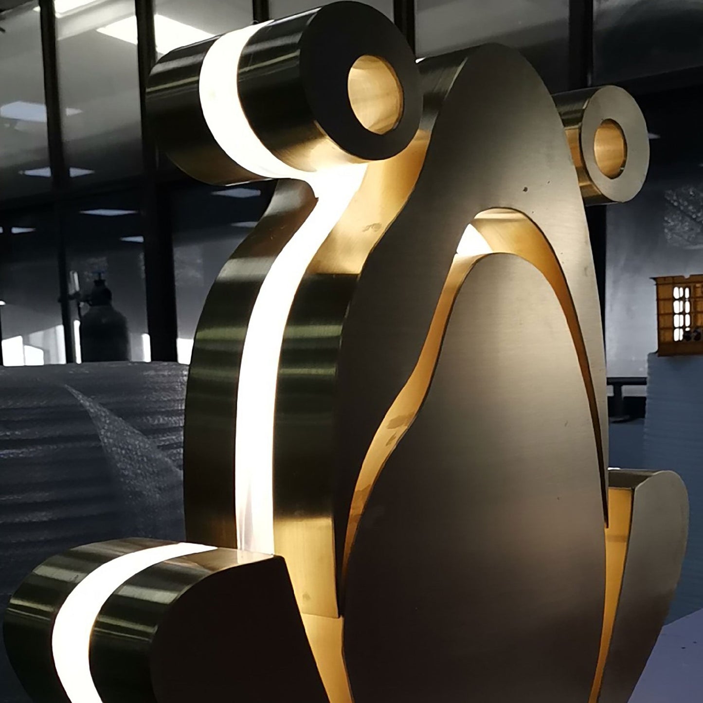 Custom free standing outdoor gold lettering sign brushed face edge lit channel letters signage