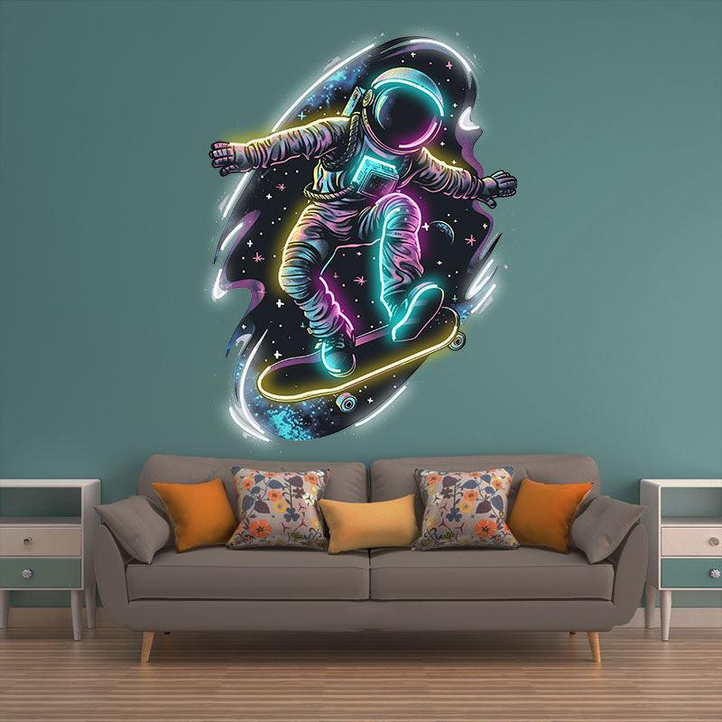 Interstellar Skateboarding neon signs: The Extreme Adventure of an Astronaut Traveling Through the Stars