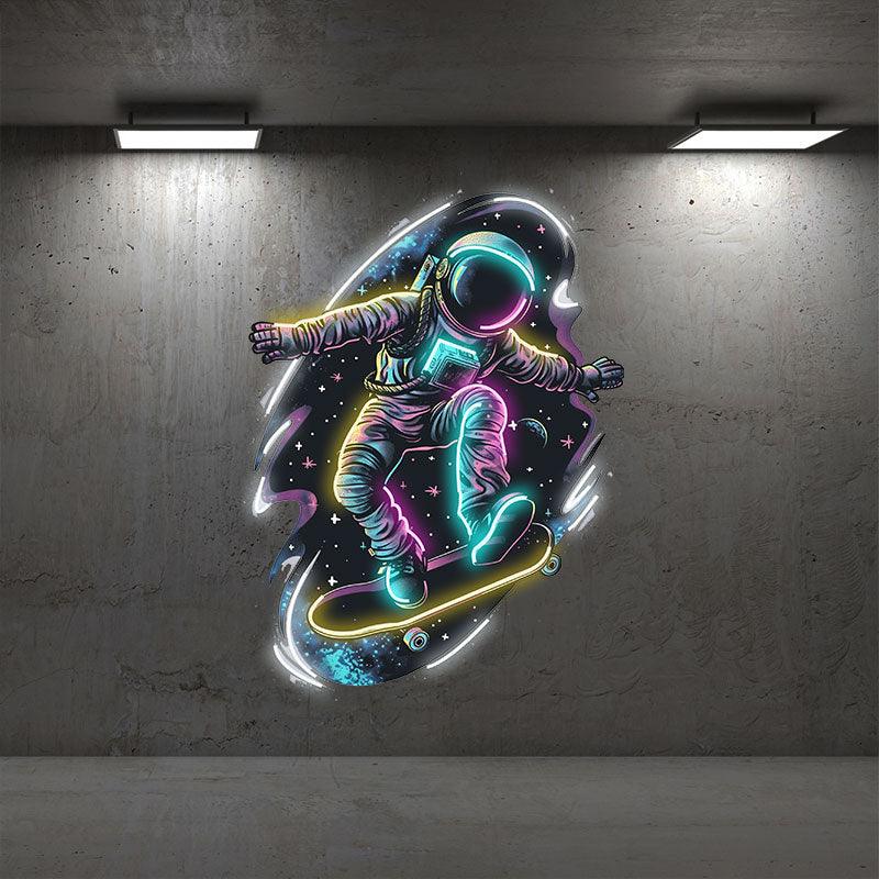 Interstellar Skateboarding neon signs: The Extreme Adventure of an Astronaut Traveling Through the Stars
