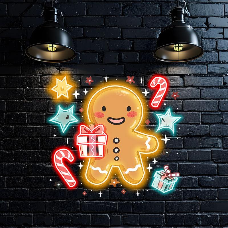 Sparkling Holiday : neon signs Cute Yellow Gingerbread Man with Pentagram and Gifts Fantasy Decoration