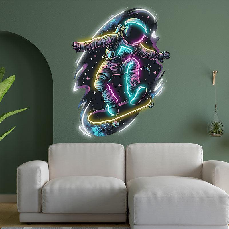 Interstellar Skateboarding neon signs: The Extreme Adventure of an Astronaut Traveling Through the Stars