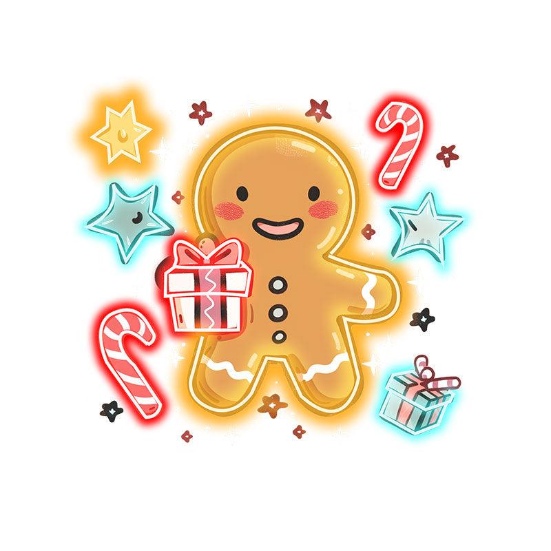 Sparkling Holiday : neon signs Cute Yellow Gingerbread Man with Pentagram and Gifts Fantasy Decoration