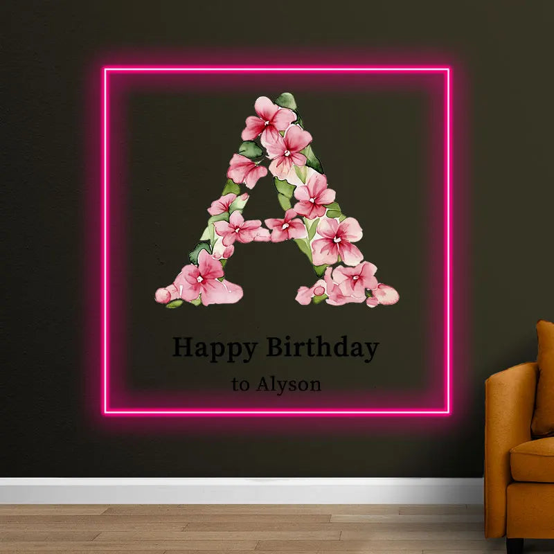 Birthday Neon Sign with Flowers Letter, Name Neon Sign for Birthday Party, Birthday Gift for Room Decor, Colorful Party Supplies