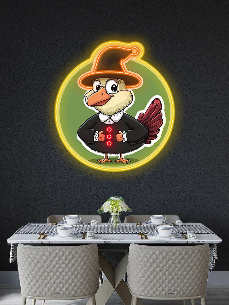Neon Cartoon Turkey Hat Display Sign, Bright & cheerful turkey in hat, perfect for children's parties & Thanksgiving decorations