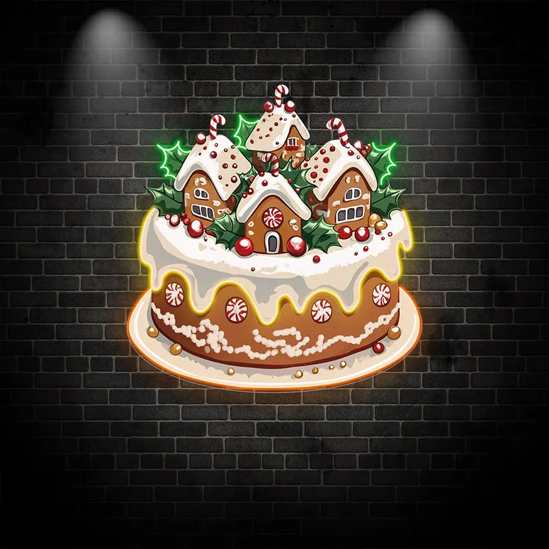 Christmas Little Houses Cake Neon Sign, Creative Wall Hanging Neon Light, Whimsical Christmas Decor Light Full Of Ritual