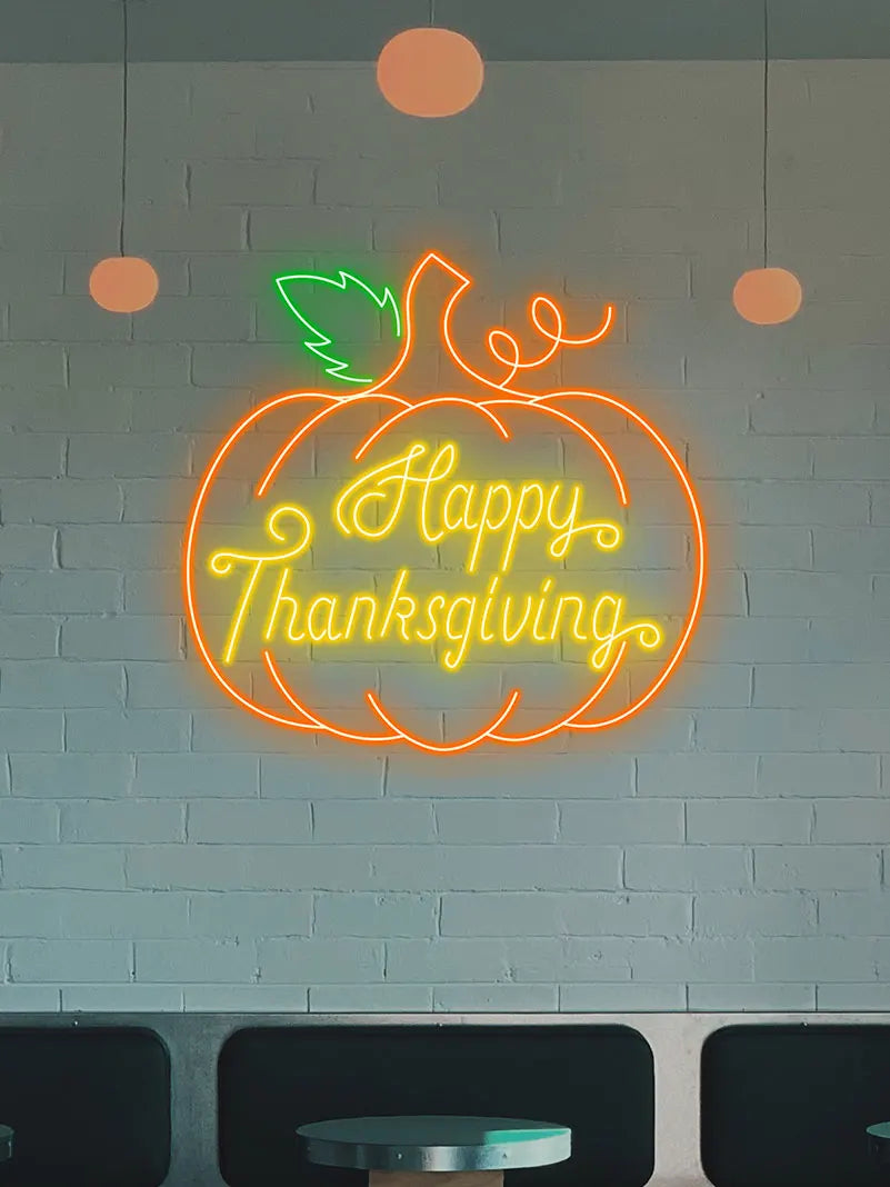 Happy Thanksgiving Neon Pumpkin Sign – Bright Pumpkin Glow for Festive Home Decor, Perfect for Holiday Dinner & Party Decoration