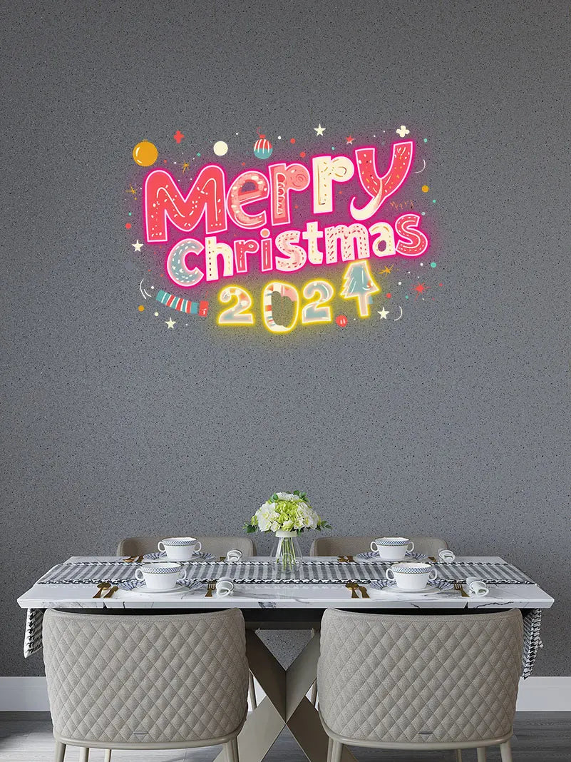 Merry Christmas 2024 Text Neon Sign, Creative Wall Hanging Neon Light, Charming Christmas Decor Light