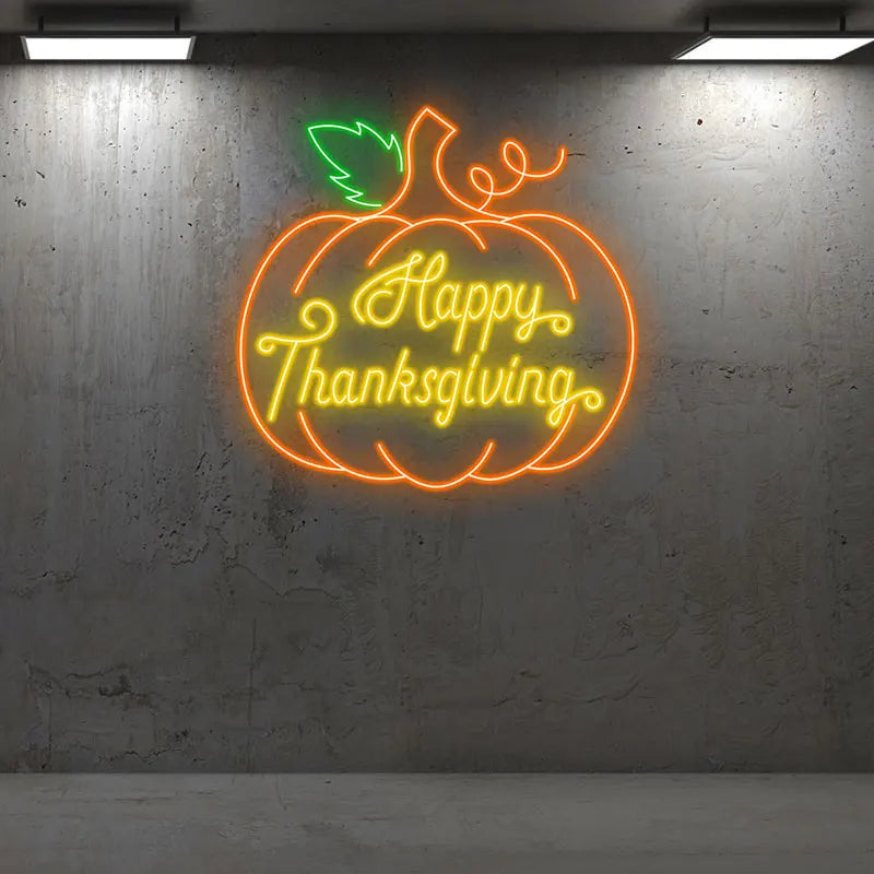 Happy Thanksgiving Neon Pumpkin Sign – Bright Pumpkin Glow for Festive Home Decor, Perfect for Holiday Dinner & Party Decoration