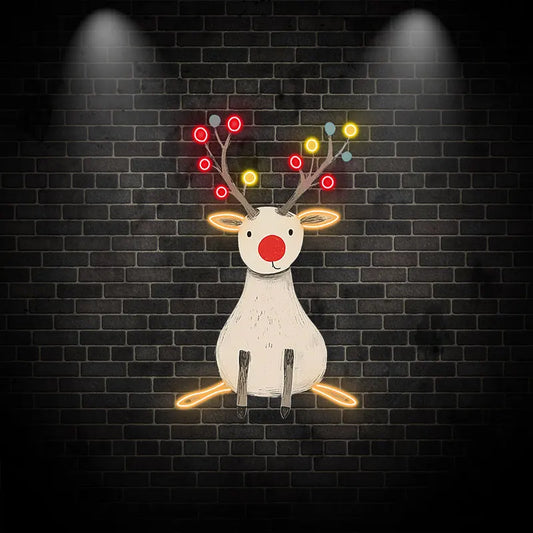 Cute Reindeer Neon Holiday UV Print – Minimalist Reindeer with Glowing Antlers, Perfect for Christmas Decor or Children's Room