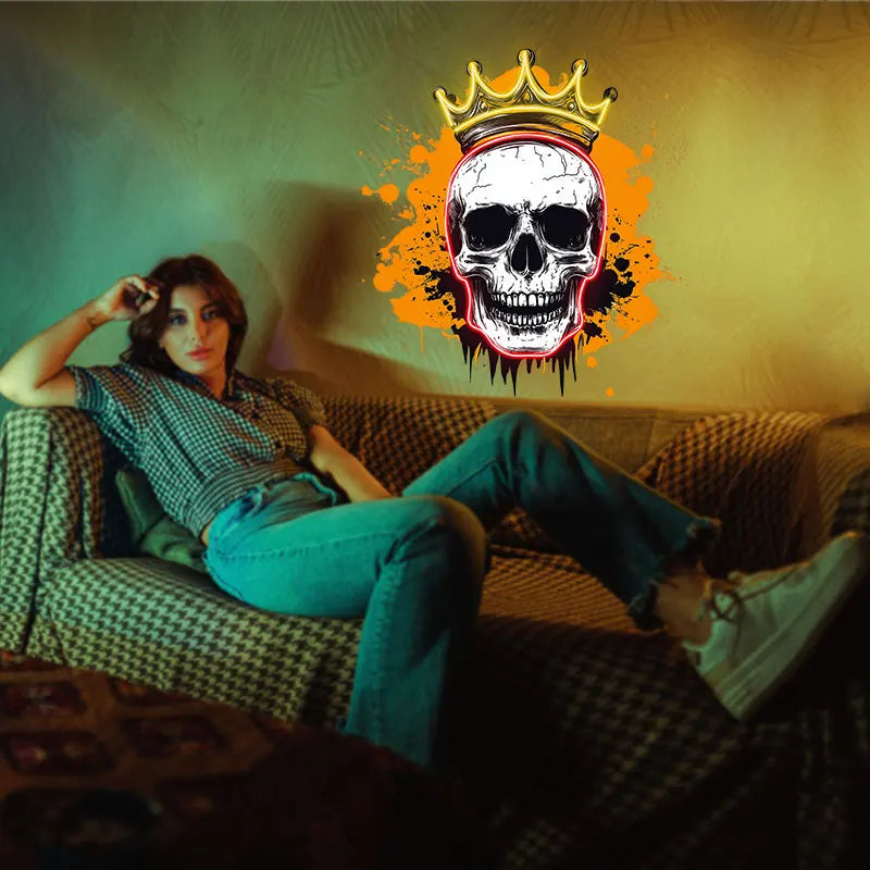 Crowned Skull Neon Sign – Edgy LED Wall Light for Man Cave, Bar, Halloween Decor or Unique Gift - Cool Gothic Vibes Neon Light