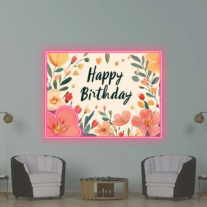 Floral Happy Birthday Neon Light – Beautiful Flower-Themed LED Sign for Birthday Party Decors, Perfect for Elegant Celebrations