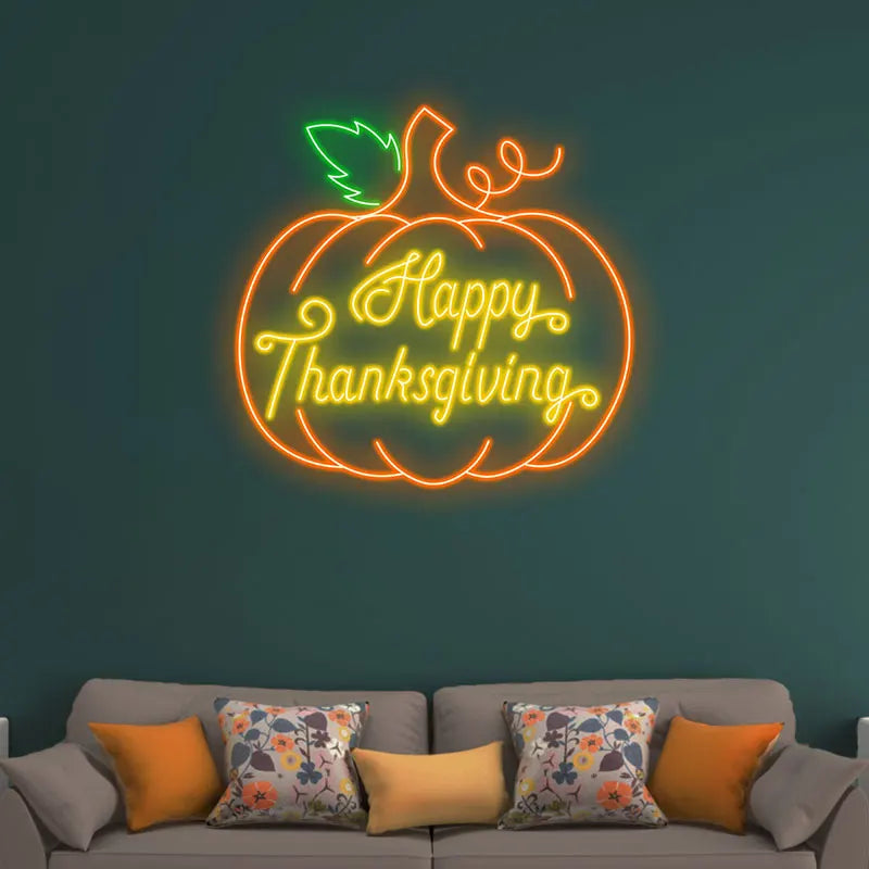 Happy Thanksgiving Neon Pumpkin Sign – Bright Pumpkin Glow for Festive Home Decor, Perfect for Holiday Dinner & Party Decoration