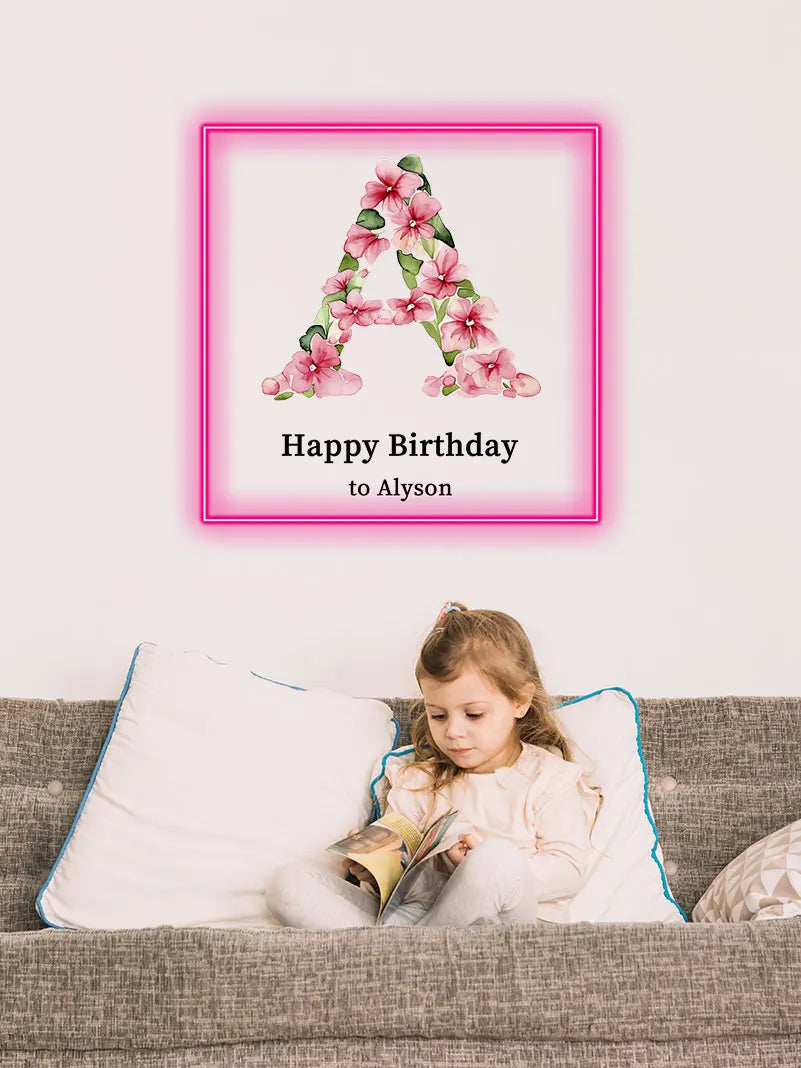 Birthday Neon Sign with Flowers Letter, Name Neon Sign for Birthday Party, Birthday Gift for Room Decor, Colorful Party Supplies