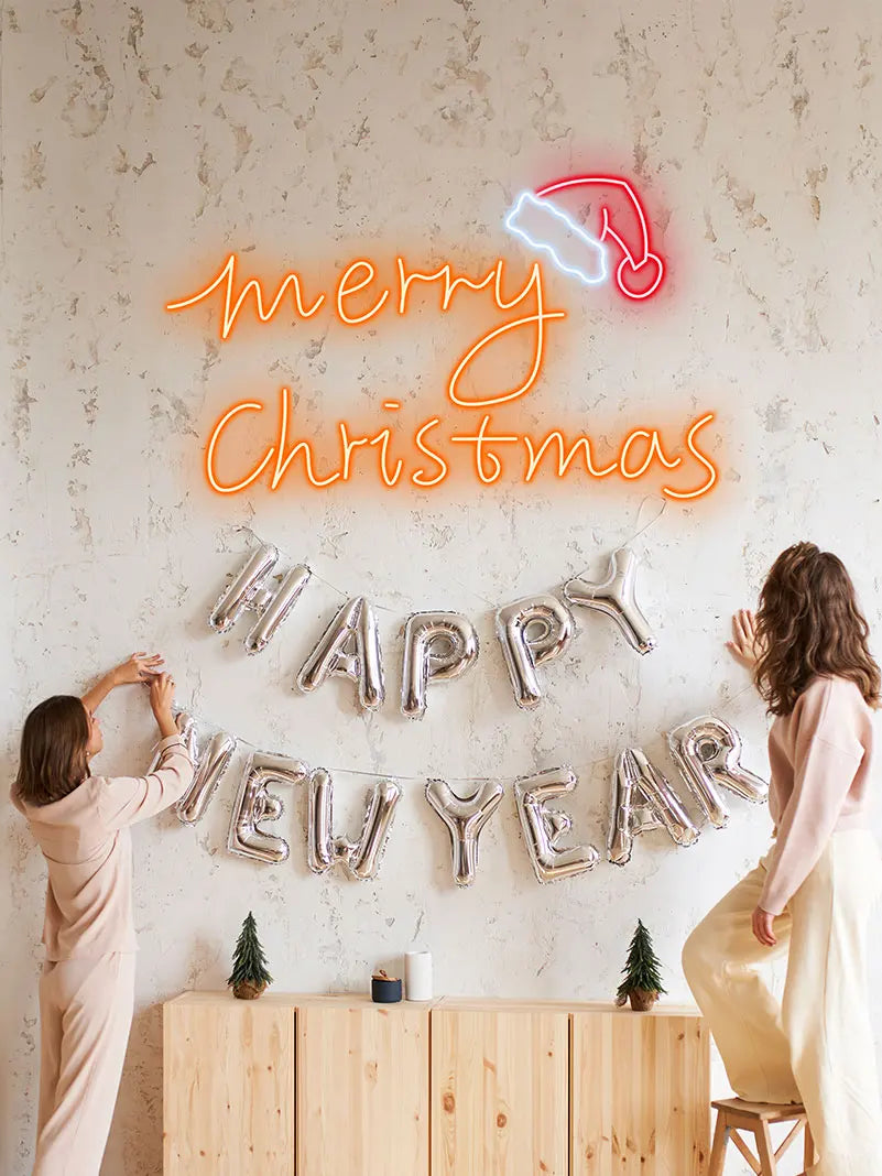 Modern Neon Christmas Sign – Merry Christmas Text with Santa Hat Glow, Trendy Wall Art for Holiday Parties or Winter Home Decor