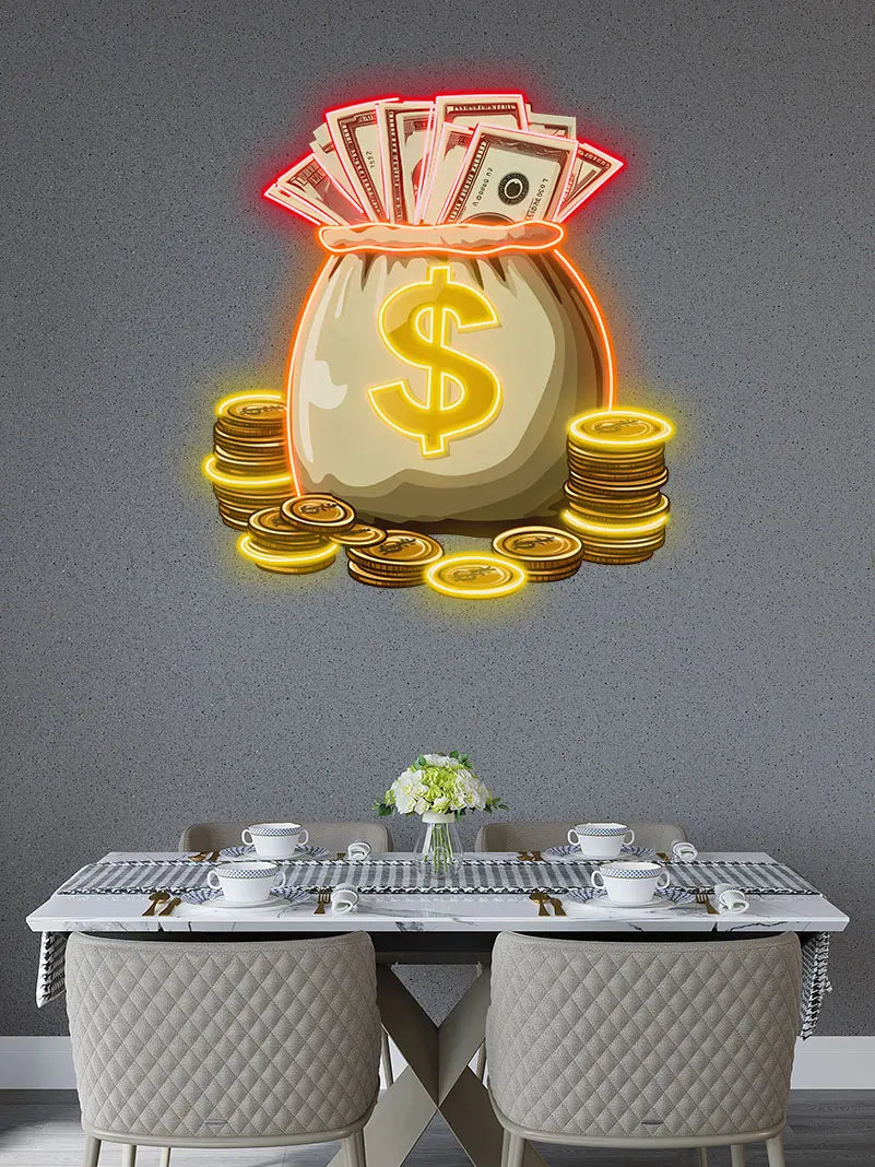 Money And Gold Coins Bag Neon Sign, Creative Wall Hanging Neon Light, Perfect Gift Good Luck Decor Light