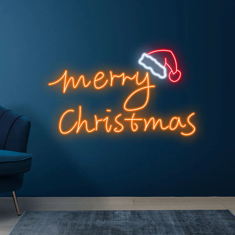 Modern Neon Christmas Sign – Merry Christmas Text with Santa Hat Glow, Trendy Wall Art for Holiday Parties or Winter Home Decor
