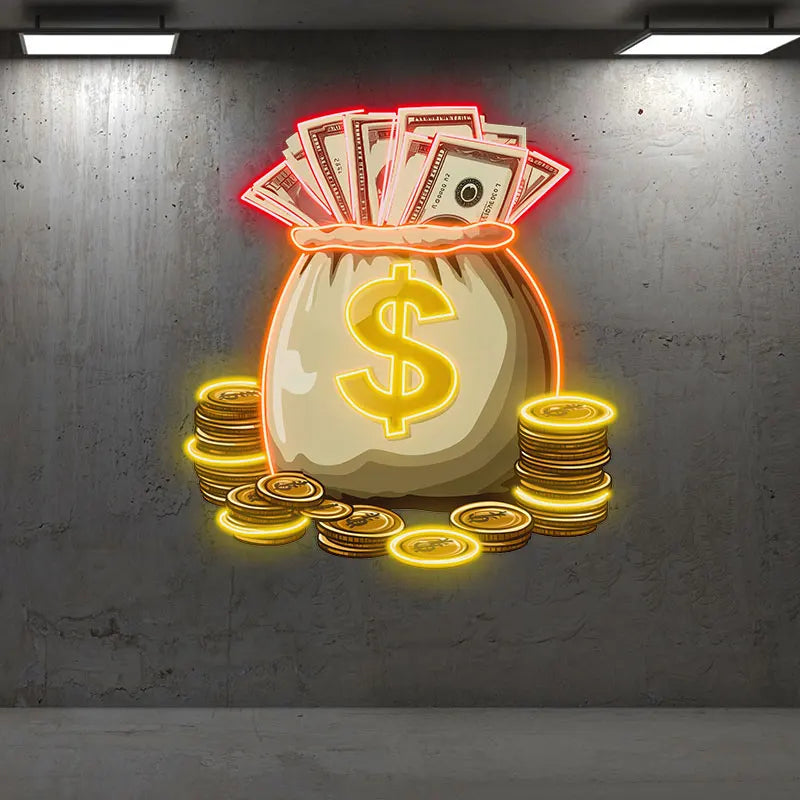 Money And Gold Coins Bag Neon Sign, Creative Wall Hanging Neon Light, Perfect Gift Good Luck Decor Light