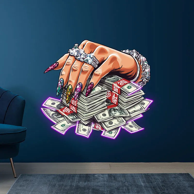 Jeweled Hand Pressed A Handful Of Money Neon Sign, Creative Wall Hanging Neon Light, Wall Decor LED Light