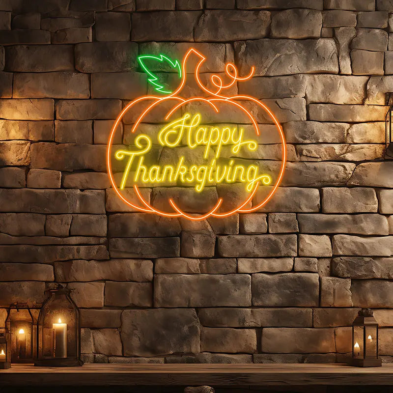 Happy Thanksgiving Neon Pumpkin Sign – Bright Pumpkin Glow for Festive Home Decor, Perfect for Holiday Dinner & Party Decoration