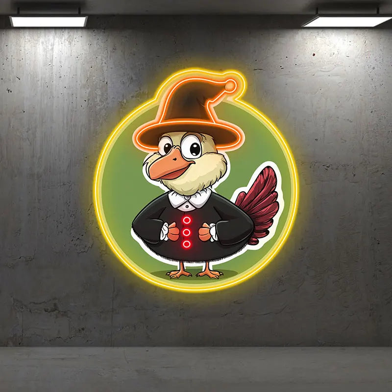 Neon Cartoon Turkey Hat Display Sign, Bright & cheerful turkey in hat, perfect for children's parties & Thanksgiving decorations