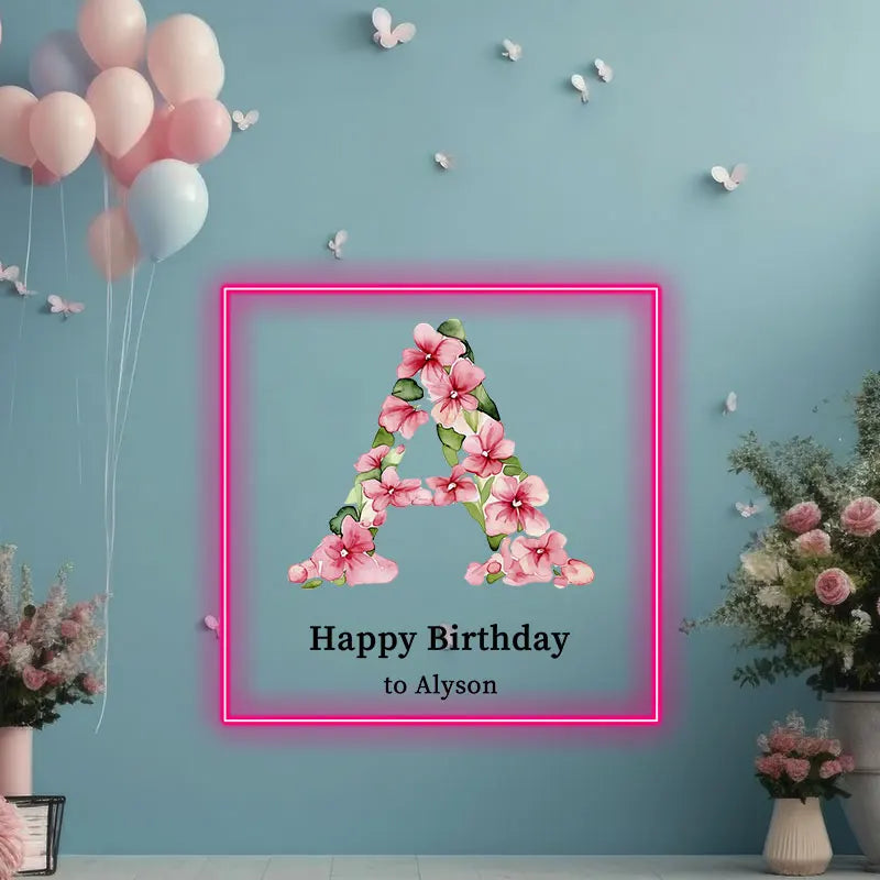 Birthday Neon Sign with Flowers Letter, Name Neon Sign for Birthday Party, Birthday Gift for Room Decor, Colorful Party Supplies