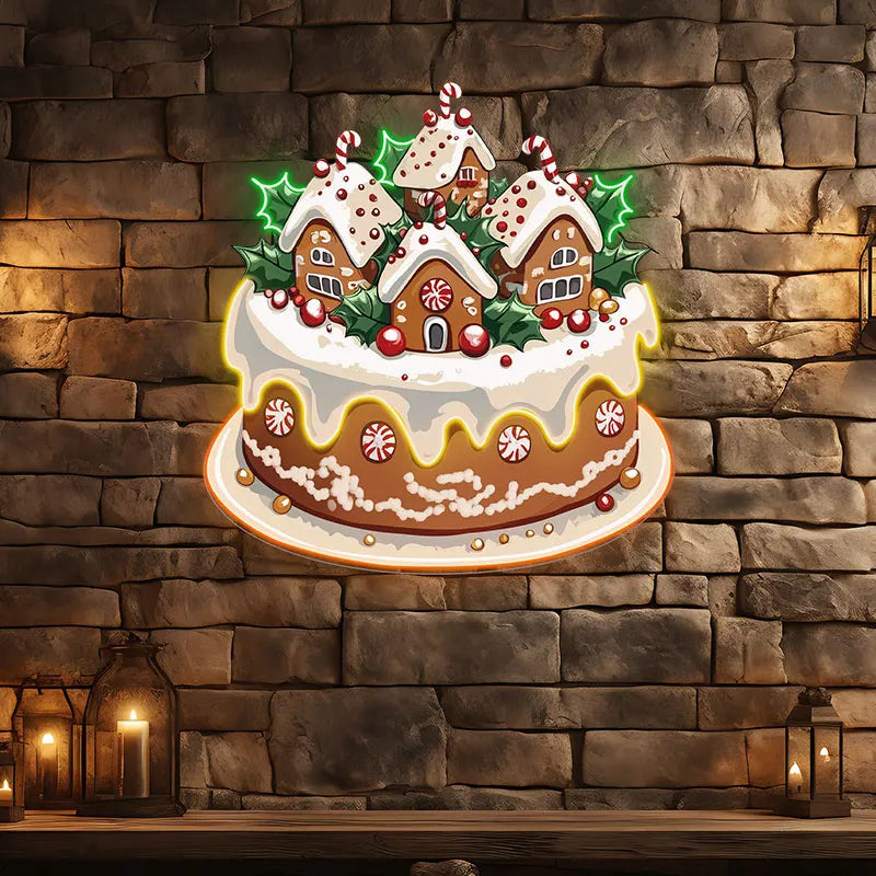 Christmas Little Houses Cake Neon Sign, Creative Wall Hanging Neon Light, Whimsical Christmas Decor Light Full Of Ritual