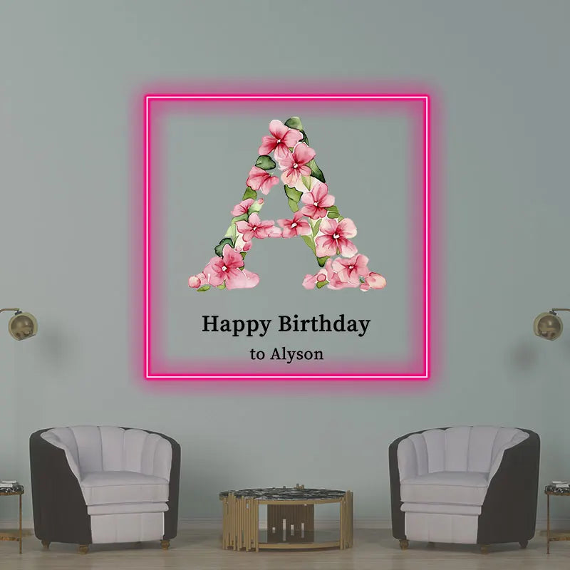 Birthday Neon Sign with Flowers Letter, Name Neon Sign for Birthday Party, Birthday Gift for Room Decor, Colorful Party Supplies