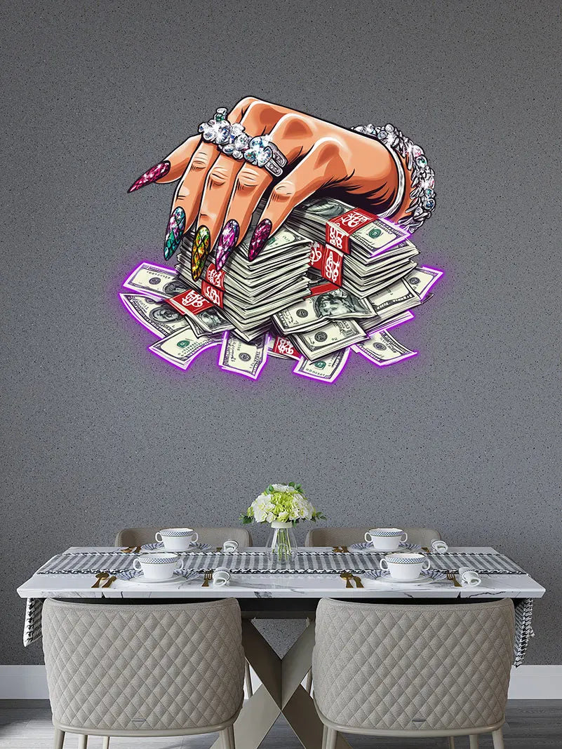 Jeweled Hand Pressed A Handful Of Money Neon Sign, Creative Wall Hanging Neon Light, Wall Decor LED Light
