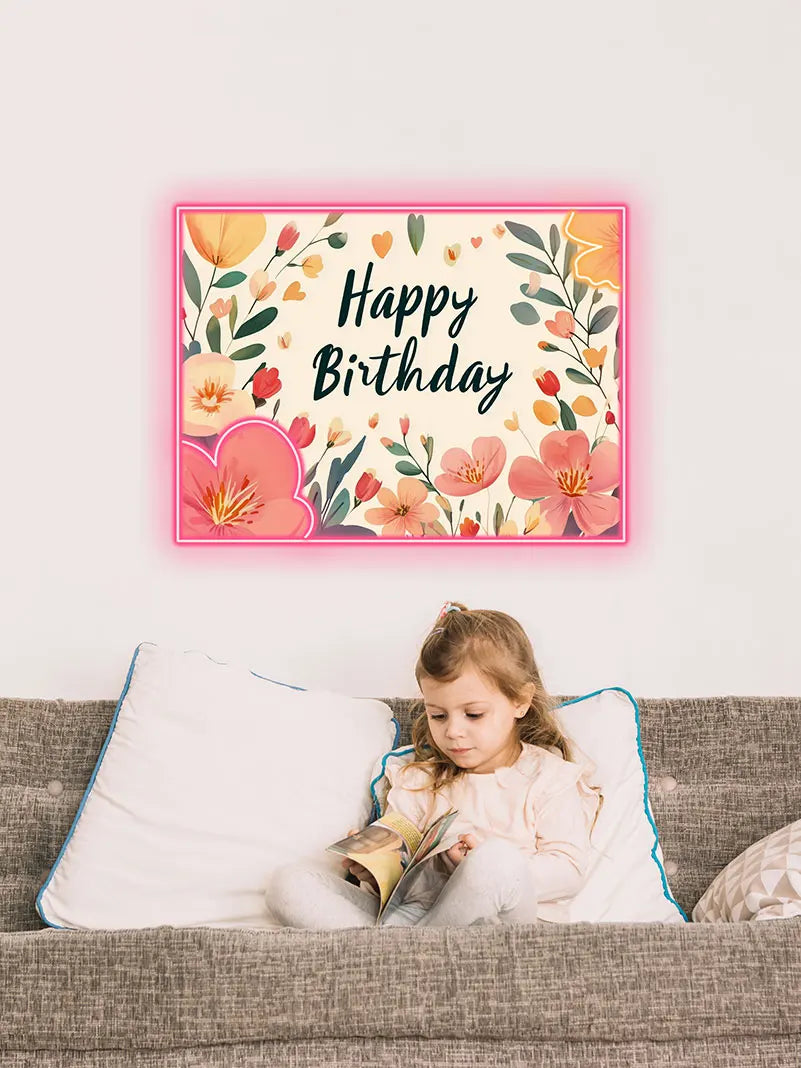 Floral Happy Birthday Neon Light – Beautiful Flower-Themed LED Sign for Birthday Party Decors, Perfect for Elegant Celebrations