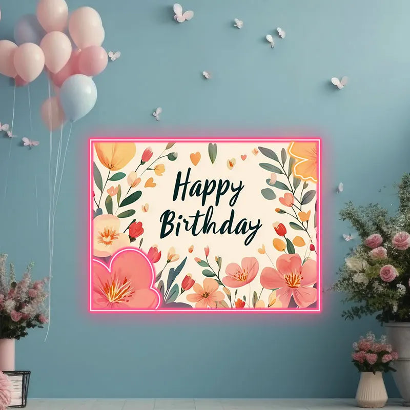 Floral Happy Birthday Neon Light – Beautiful Flower-Themed LED Sign for Birthday Party Decors, Perfect for Elegant Celebrations