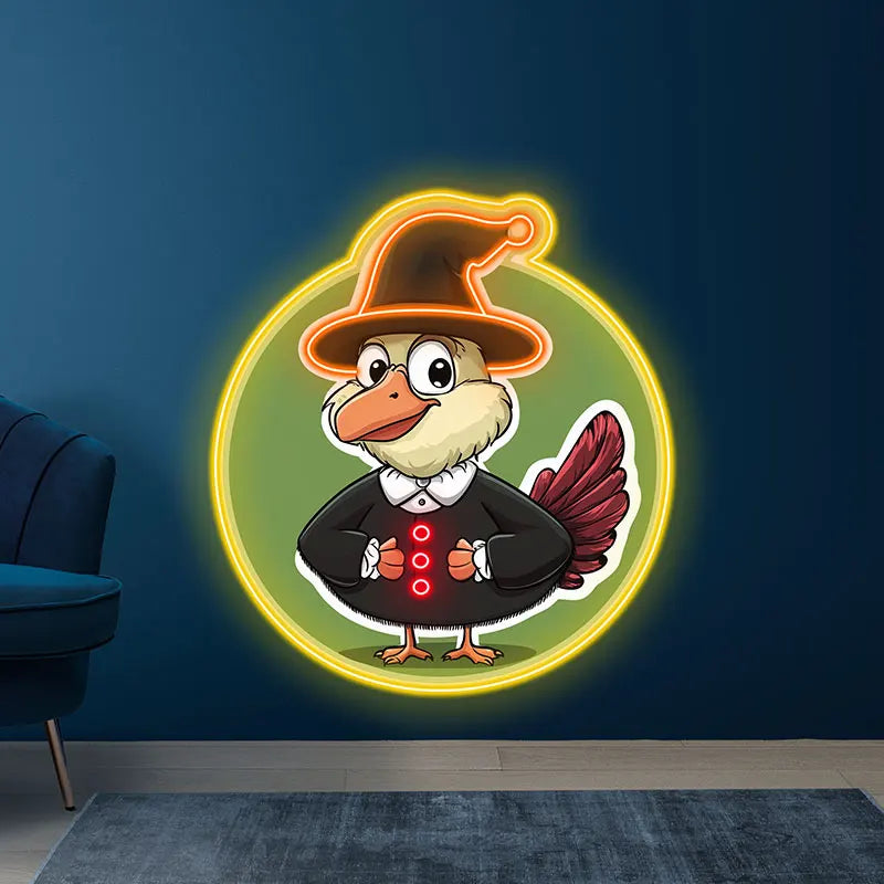Neon Cartoon Turkey Hat Display Sign, Bright & cheerful turkey in hat, perfect for children's parties & Thanksgiving decorations