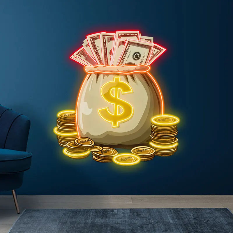 Money And Gold Coins Bag Neon Sign, Creative Wall Hanging Neon Light, Perfect Gift Good Luck Decor Light
