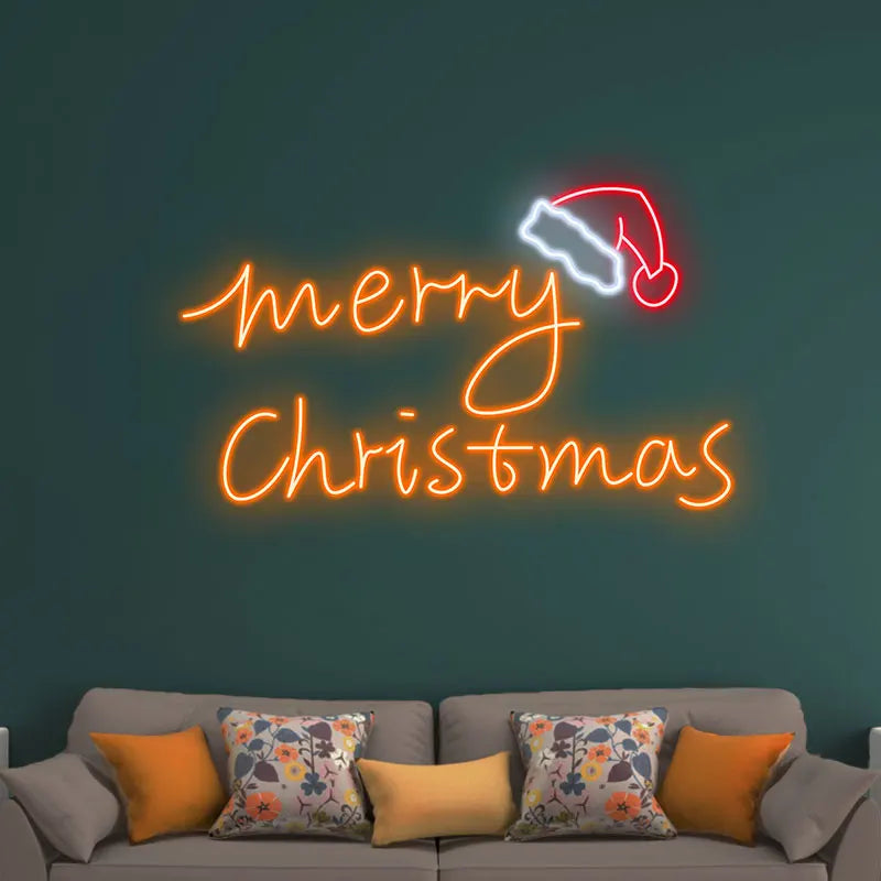 Modern Neon Christmas Sign – Merry Christmas Text with Santa Hat Glow, Trendy Wall Art for Holiday Parties or Winter Home Decor