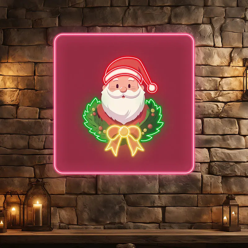 Santa Claus Neon Wreath Poster – Glowing Santa with Neon Wreath Design, Perfect for Festive Home or Office Christmas Decorations