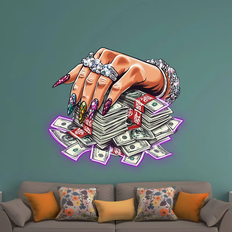 Jeweled Hand Pressed A Handful Of Money Neon Sign, Creative Wall Hanging Neon Light, Wall Decor LED Light