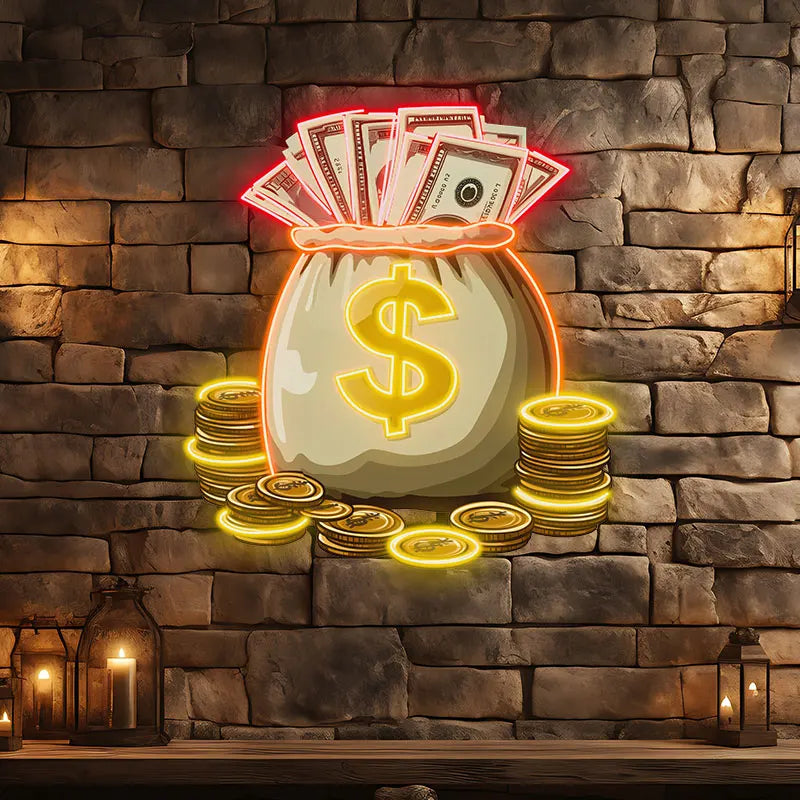 Money And Gold Coins Bag Neon Sign, Creative Wall Hanging Neon Light, Perfect Gift Good Luck Decor Light